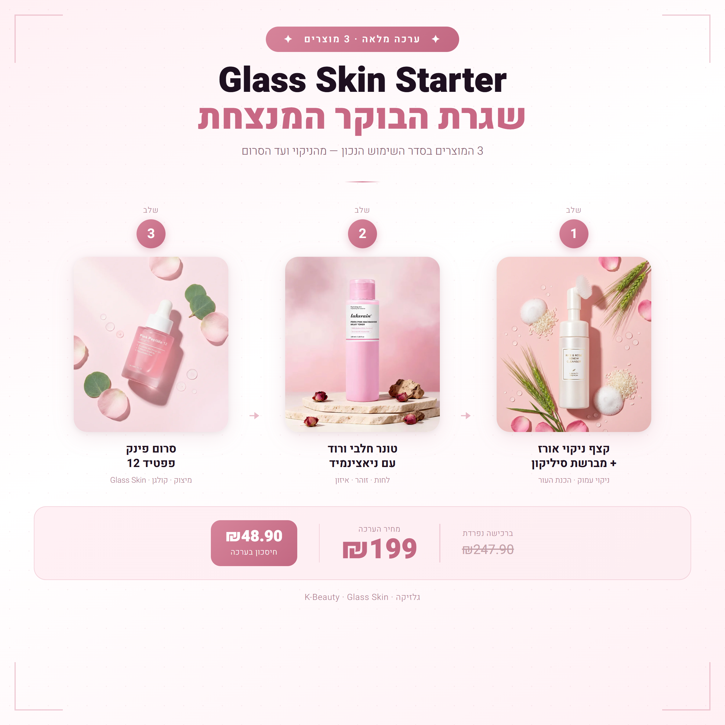 ערכת Glass Skin Starter — קצף ניקוי + טונר + סרום פפטיד | 3 מוצרים בערכה